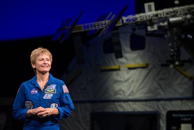 NASA astronaut Peggy Whitson is seen during an interview, Friday, March 2, 2018 at the Smithsonian s National Air and Sp-stock-foto