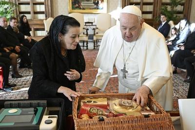ITALY - POPE FRANCIS  DURING A PRIVATE AUDIENCE WITH H.E. MRS MYRIAM SPITERI DEBONO, PRESIDENT OF THE REPUBLIC OF MALTA AT THE  VATICAN - 2025/1/24-stock-photo