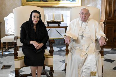 ITALY - POPE FRANCIS  DURING A PRIVATE AUDIENCE WITH H.E. MRS MYRIAM SPITERI DEBONO, PRESIDENT OF THE REPUBLIC OF MALTA AT THE  VATICAN - 2025/1/24-stock-photo