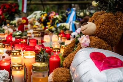 Aschaffenburg, Bavaria, Germany - January 25, 2025: Cuddly toys, candles and wreaths of flowers lie in Sch?ntal Park in-stock-foto