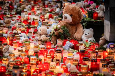 Aschaffenburg, Bavaria, Germany - January 25, 2025: Cuddly toys, candles and wreaths of flowers lie in Sch?ntal Park in-stock-foto