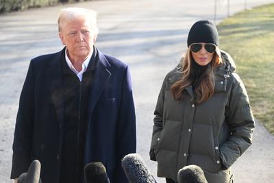 President donald j. Trump and melania trump depart the south lawn of the white house on marine one in washington d.c.-stock-photo