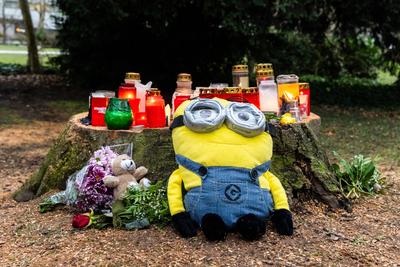 Aschaffenburg, Bavaria, Germany - January 25, 2025: Cuddly toys, candles and wreaths of flowers lie in Sch?ntal Park in-stock-foto