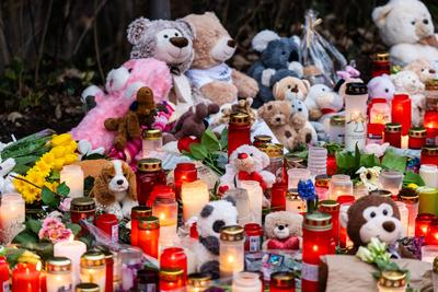 Aschaffenburg, Bavaria, Germany - January 25, 2025: Cuddly toys, candles and wreaths of flowers lie in Sch?ntal Park in-stock-foto