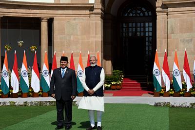 PM Narendra Modi And Indonesian President Prabowo Subianto Meeting At Hyderabad House-stock-foto