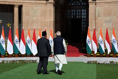 PM Narendra Modi And Indonesian President Prabowo Subianto Meeting At Hyderabad House-stock-foto