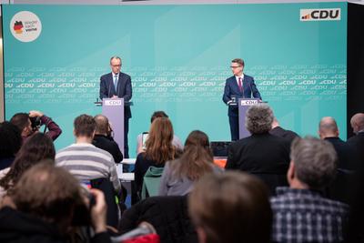 Pressekonferenz der CDU Deutschlands nach ihrer Gremiensitzungen-stock-foto