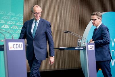 Pressekonferenz der CDU Deutschlands nach ihrer Gremiensitzungen-stock-foto
