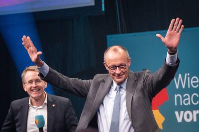 Bundestagswahlkampf ? Wahlkampfauftritt des Kanzlerkandidaten und CDU-Parteivorsitzenden Friedrich Merz in Flensburg, Schleswig-Holstein-stock-foto