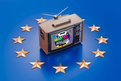 TV set on flag of the EU. European Television concept, 3D rendering TV set on flag of the EU. European Television concep-stock-photo