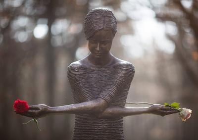 Gedenken der Opfer des 13. Februar 1945 Eine weisse und eine rote Rose steckt an den Haenden der Statue Trauerndes Maed-stock-foto