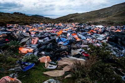 Life jackets cemetery on the island of Lesbos. The municipal landfill of the city of Molivos has become the place where-stock-foto