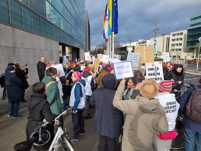 Berlin, 29.01.2025 Demonstranten der Bewegung Omas gegen Rechts demonstrieren unter dem Motto Omas gegen Merz vor der CD-stock-photo