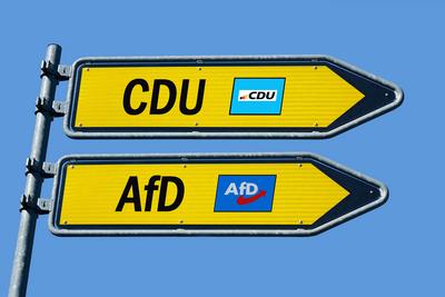 Wegweiser mit CDU und AfD mit deren Parteilogos-stock-photo