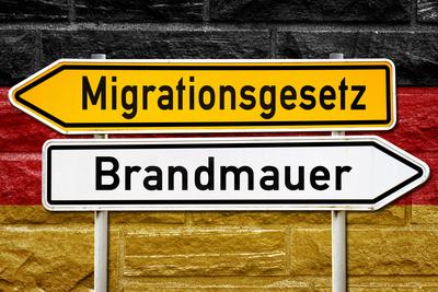 January 28, 2025: A signpost with the terms: Migration law and firewall in front of a wall with a German flag. Symbolic-stock-foto