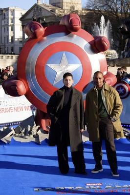 Danny Ramirez and Anthony Mackie at the Captain America:Brave New World photocall, Trafalgar Square, London *** Danny R-stock-photo