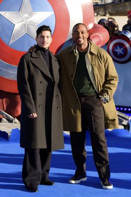 Danny Ramirez and Anthony Mackie at the Captain America:Brave New World photocall, Trafalgar Square, London *** Danny R-stock-photo
