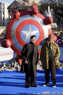 Danny Ramirez and Anthony Mackie at the Captain America:Brave New World photocall, Trafalgar Square, London *** Danny R-stock-photo