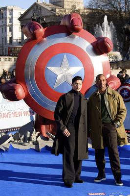 Danny Ramirez and Anthony Mackie at the Captain America:Brave New World photocall, Trafalgar Square, London *** Danny R-stock-photo