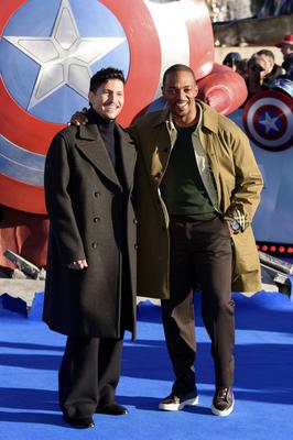 Danny Ramirez and Anthony Mackie at the Captain America:Brave New World photocall, Trafalgar Square, London *** Danny R-stock-photo