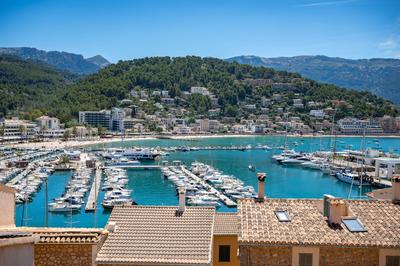 Port Soller aerial view, Majorca, port with boats and ships and mountain range at the horizon, horizontal shot, Mallorca-stock-photo