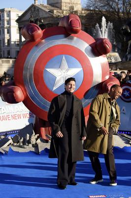 Danny Ramirez and Anthony Mackie at the Captain America:Brave New World photocall, Trafalgar Square, London *** Danny R-stock-photo