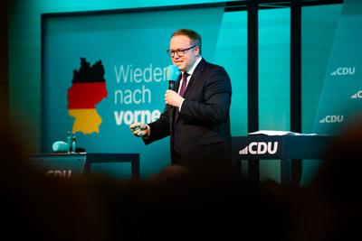 GER, Thueringen, CDU Deutschland, Wahlkampftour mit Friedrich Merz MdB, Kanzlerkandidat der Union in Erfurt , Politik, Freitag, 31.01.2025, 19.30 Uhr-stock-foto