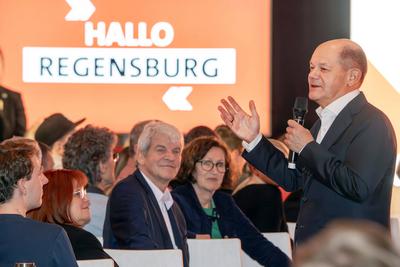 Bundeskanzler Olaf Scholz, Wahlkampfauftritt in Regensburg, 31. Januar 2025-stock-foto