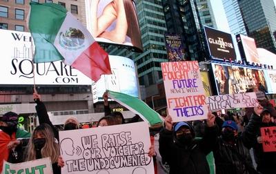 Protest in favor of undocumented immigrant at times square.-stock-photo