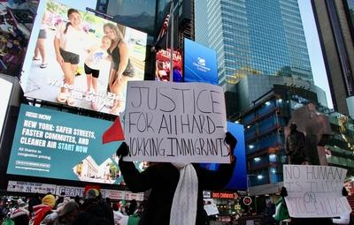 Protest in favor of undocumented immigrant at times square.-stock-photo
