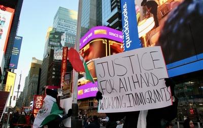 Protest in favor of undocumented immigrant at times square.-stock-photo