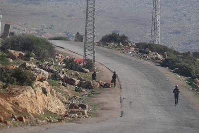 Israeli soldiers take security measures after eight Israeli soldiers were wounded early Tuesday in an attack on a military checkpoint near the Palestinian village of Tayasir in Tubas, West Bank-stock-photo