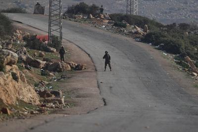 Israeli soldiers take security measures after eight Israeli soldiers were wounded early Tuesday in an attack on a military checkpoint near the Palestinian village of Tayasir in Tubas, West Bank-stock-photo