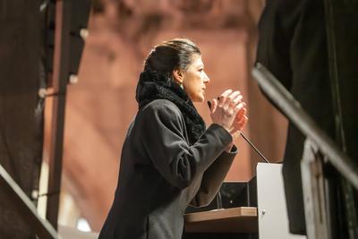 Sahra Wagenknecht, Vorsitzende BSW, bei Wahlkampfauftritt auf dem Marienplatz, M?nchen, 3. Februar 2025-stock-foto