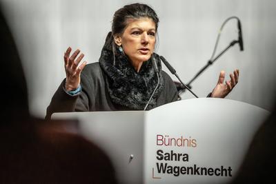 Sahra Wagenknecht, Vorsitzende BSW, bei Wahlkampfauftritt auf dem Marienplatz, M?nchen, 3. Februar 2025-stock-foto