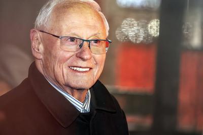 Oskar Lafontaine, am Ende eines Wahlkampfauftritts seiner Ehefrau Oskar Lafontaine auf dem Marienplatz, M?nchen, 3. Februar 2025-stock-photo