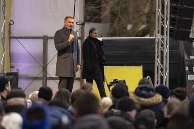 03. Februar, 2025, Freiburg im Breisgau. FDP-Chef Christian Lindner machte auf seiner Wahlkampftour Halt in der Gr?nen-H-stock-foto
