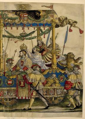 RECORD DATE NOT STATED  Hans Sch?ufelin Triumphal car for Emperor Karl V - rear part of the triumphal car. Woodcut on pa-stock-photo