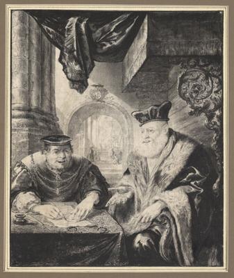 RECORD DATE NOT STATED  Peeter Rottermond Emperor Karl V dicts his secretary, in the background trade fair in a chapel.-stock-photo