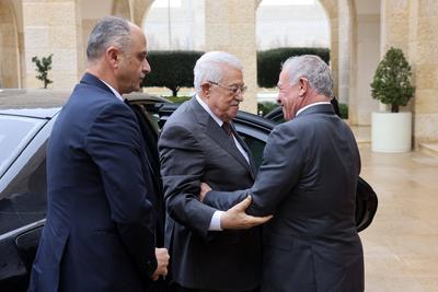 Jordan's King Abdullah II receiving Palestinian President Mahmud Abbas in Amman-stock-photo