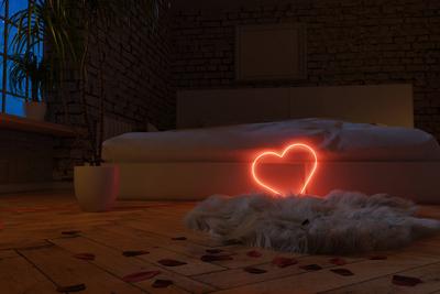 3D Rendering of Lighten Heart Shape Laying at Edge of the Bed in Modern Brick Bedroom at Night *** 3D Rendering of Ligh-stock-foto