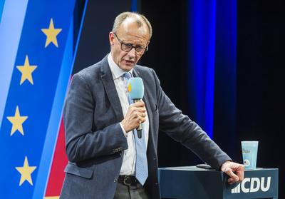 Wahlveranstaltung der CDU zur Bundestagswahl mit Spitzenkandidat Friedrich Merz in Singen am Hohentwiehl. //05.02.2025:-stock-foto