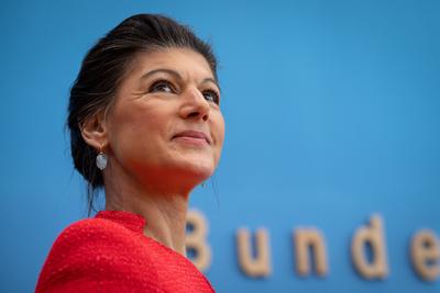 Bundespressekonferenz zur Gruendung der Partei Buendnis Sahra Wagenknecht - Vernunft und Gerechtigkeit und Vorschlag der-stock-photo