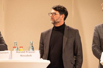 Harald Prause-Kosubek, SPD beim Wahlforum zur Bundestagswahl im Kulturzentrum Johanneskirche. L?bau, 05.02.2025 Sachsen-stock-foto