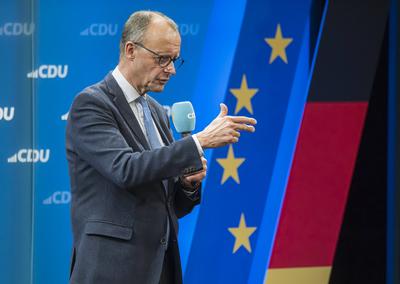 Wahlveranstaltung der CDU zur Bundestagswahl mit Spitzenkandidat Friedrich Merz in Singen am Hohentwiehl. //05.02.2025:-stock-foto