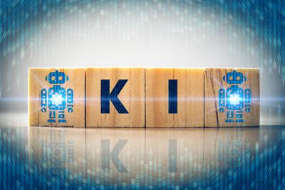 15 March 2024: Symbolic image of artificial intelligence, cube with robot symbols and the word AI. PHOTOMONTAGE *** Symb-stock-foto