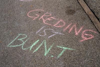 Greding, Bavaria, Germany - February 7, 2025: Writing with colored chalk on the way to the AfD (Alternative for Germany)-stock-photo