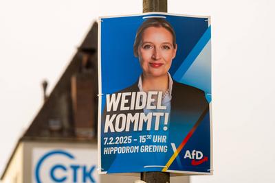 Greding, Bavaria, Germany - February 7, 2025: Election poster for the Bundestag election with chancellor candidate Alice-stock-foto