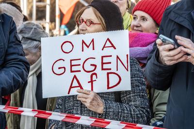 Oma gegen AfD, Schild bei Gro?demonstration gegen den Rechtsruck, M?nchen ist bunt, Theresienwiese, M?nchen, 8. Februar 2025-stock-photo
