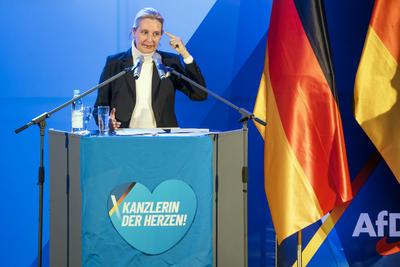 Alice Weidel, Vorsitzende der AfD, bei Wahlkampfrede in Greding, 7. Februar 2025-stock-foto